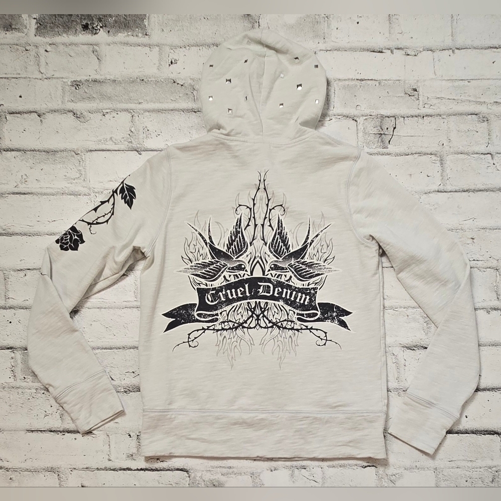Cruel Denim Studded Graphic Zip Hoodie Western Y2K White Large